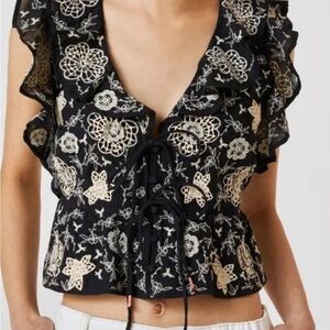 ANTHROPOLOGIE Cotton Embroidered Paris Ruffle Crop Top SZ S Coquette Fairy Tie